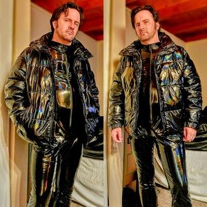 LATEX iridescent ski suit with matching LATEX puffer
